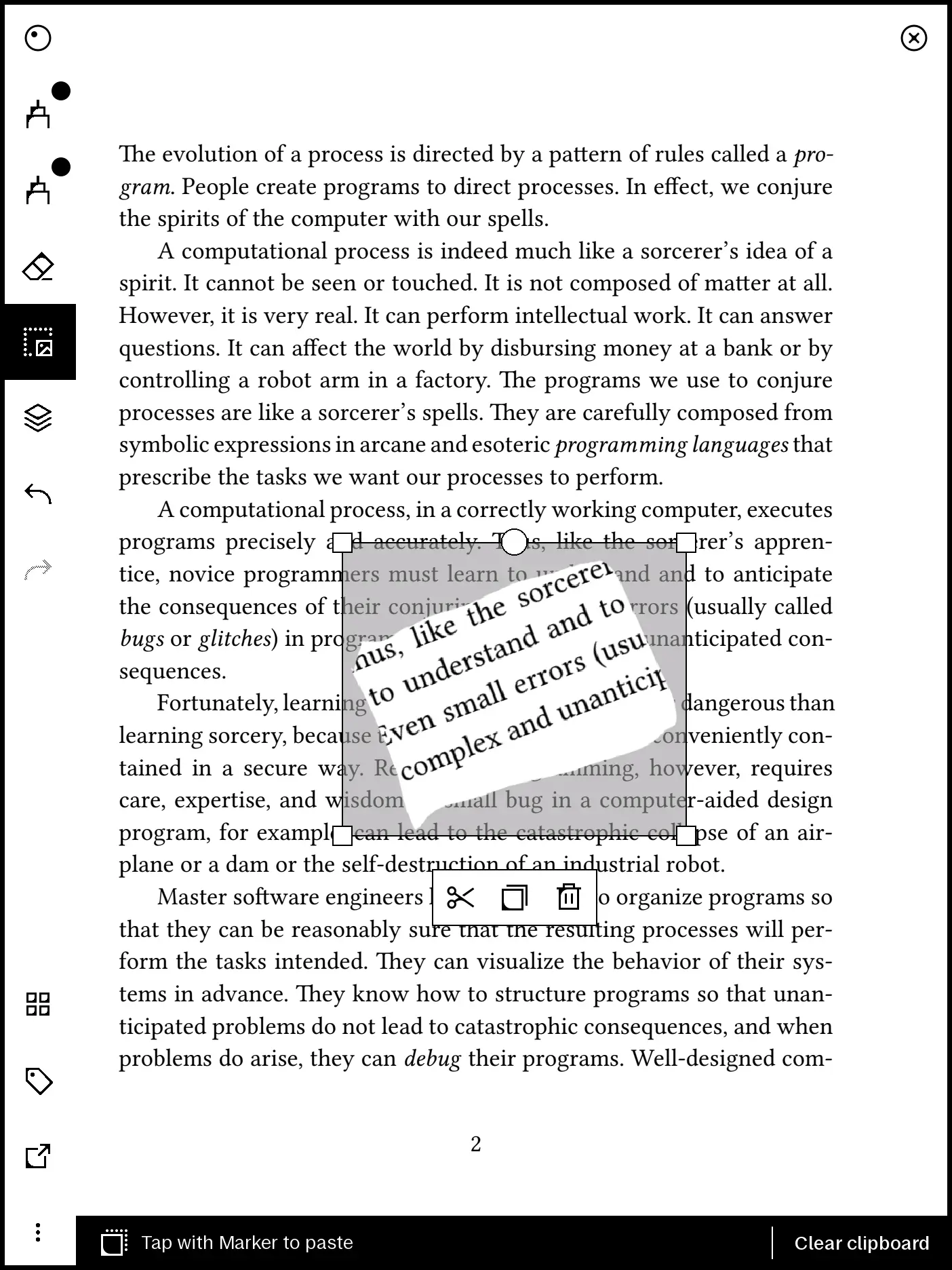 The recently added Capture Mode allows for copying and pasting snippets of pdfs around