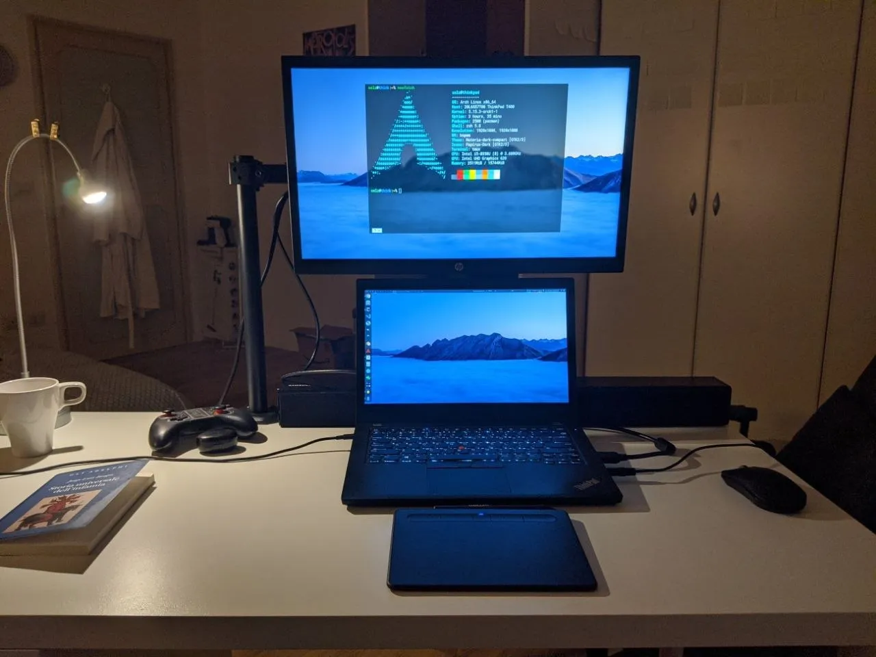 After one year or so also the first 1080p external display was added, and productivity really got a boost. The window manager in use was the awesome bspwm.