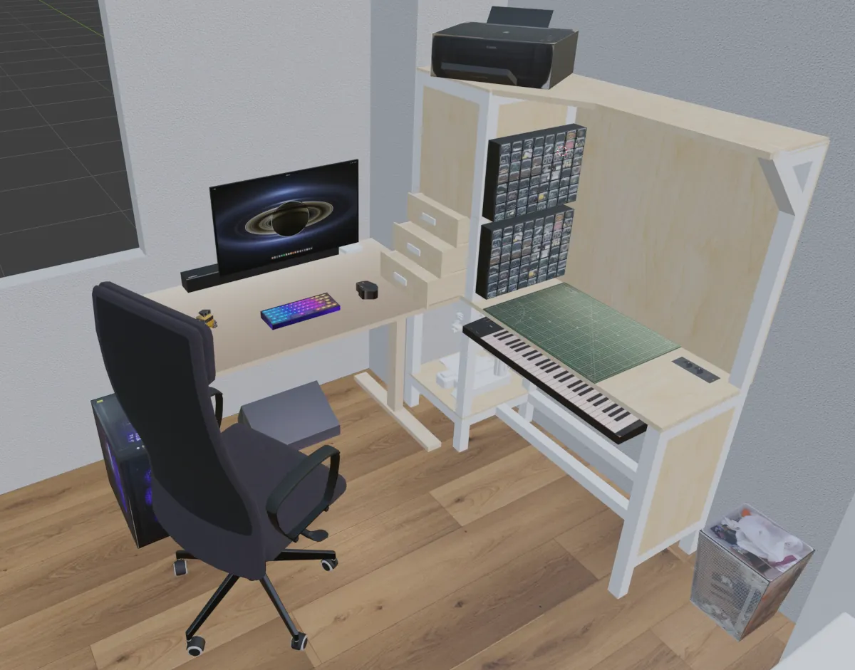 Designing the bench started in unsuspected times. In this 2024 blender render the dispositions were a bit different, but the general idea was already there.